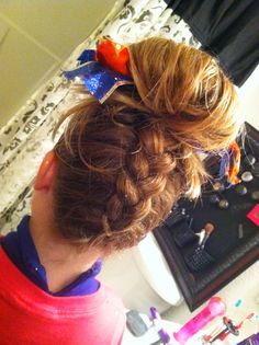 For WSE? Braid up the back with Angel's signature bun on top. <3 Hairstyles For Cheerleaders, Braided Cheer Hair, Hairstyles With Bows, Cheerleading Crafts, Athletic Hair, Easy Braid Hairstyles, Pep Club, Cheerleading Hair Bows, Braided Hairstyles For School