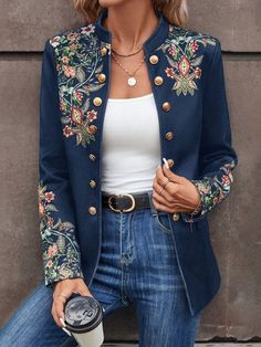 Popular Floral Print Collarless Outerwear Blue Jacket Outfit Women, Ropa Upcycling, Denim Short Jumpsuit, Floral Clothing, Jacket Outfit Women, Floral Coat, Womens Jackets Casual, Two Piece Jumpsuit, Evening Dresses Short