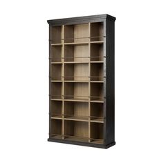 an open bookcase with several shelves on the front and bottom, all in dark wood