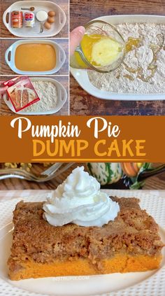 pumpkin pie dump cake with whipped cream on top and in the background, there are other ingredients to make it