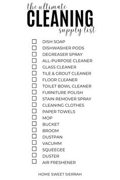 The Ultimate Cleaning Supply Checklist Fro Your Home Basic Cleaning Supplies List, Cleaning Supply Checklist, Bujo Cleaning, Cleaning Supply List, Household Cleaning List, Organize Cleaning Supplies, Cleaning Goals, Cleaning Binder, Cleaning Supplies Checklist