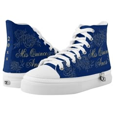 Fashion-forward Quinceanera Sneakers - designed for a super trendy, flats to heels transformation. The elegant floral design, in on-trend dark royal blue and gold, features fine, outline drawings of delicate sprays of flowers. The graceful lettering, in script typography, reads "Mis Quince Anos". On the back of these sporty sneakers, you can also add the year of your Quinceanera celebration. Please browse our store for coordinating quince court t-shirts, elegant quinceañera invitations and party Quinceanera Sneakers, Blue Gold Quinceanera, Royal Blue And Gold Quinceanera, 15 Party Ideas Quinceanera, Quince Shoes, Blue Quinceanera Theme, Royal Blue Quince, Quinceanera Shoes