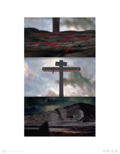 the cross is in three different stages of being crucifixed with blood