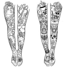 three leg tattoos with different designs on them