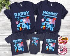 Blues Clues Birthday Shirt, Blue Dog Family Shirt, Blue Dog Family Matching Birthday Shirt,Birthday Boy Shirt, Family Party Shirt B-18042328 👉Adult Unisex T-Shirt brand is BELLA + CANVAS - 100% Airlume combed and ringspun cotton (fiber content may vary for different colors) - Light fabric (4.2 oz/yd² (142 g/m - Retail fit - Tear away the label - Runs true to size 👉Youth T-Shirt brand is GILDAN - 100% Cotton (fiber content may vary for different colors) - Light fabric (5.3 oz/yd² (180 g/m - Classic fit - Tear away the label - Runs true to size 👉Infant/Toddler/Bodysuit brand is RABBIT SKINS - 100% Combed ringspun cotton (fiber content may vary for different colors) - Light fabric (4.5 oz/yd² (153 g/m - Tear away the label 👉Unisex Jersey Tank brand is BELLA + CANVAS - Extra Light fabric ( Blues Clues Birthday Shirt, Blues Clues Birthday, Matching Birthday Shirts, Birthday Boy Shirt, Dog Family, Blue's Clues, Birthday Boy Shirts, Blues Clues, Boy Shirt