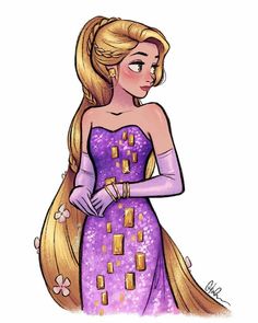 a drawing of rappui from tangled hair with long blonde hair and purple dress