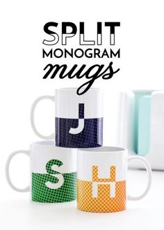 three coffee mugs sitting next to each other with the words split monogram on them