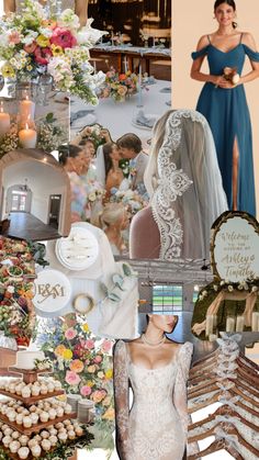 a collage of wedding photos with bride and grooms in the background, including cupcakes