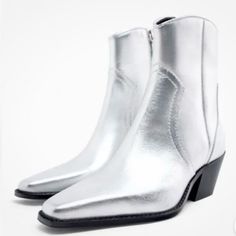 Zara Metallic Leather Cowboy Ankle Boot Silver Size 40(9) New With Tags! #30 Silver Leather Heeled Boots For Spring, Trendy Silver Leather Heeled Boots, Silver Casual Boots With Pointed Toe, Silver High Ankle Boots For Spring, Chelsea Boots Men Outfit, Black Moto Boots, Sock Ankle Boots, Cowboy Ankle Boots, Low Heel Ankle Boots