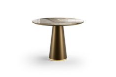 a round table with a gold base and white marble on the top, against a white background