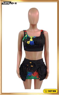 Summer Party Black Paints Strap Crop Top and Mini Skirt 2pc Set Strap Crop Top, Skirt Sets, Black Paint, Summer Party, Two Piece Skirt, Mini Skirt, Two Piece, Crop Top, Mini Skirts