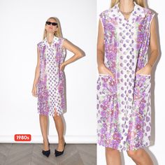 Embrace the elegance of the 1980s with this vintage semi-sheer white dress adorned with delicate purple flowers. As chic extraordinary piece, this white polo midi dress features a buttoned front, a classic collar, and two front pockets, combining timeless charm with the trendy housewife vibe. 👉 made in 1980s 👉 two front pockets 👉 sleeveless bottom-down with collar 👉 semi sheer 👉 knee high ❗ true vintage piece - only 1 available ❗  📏 MEASUREMENTS: Width (under armpits) 57cm/22.5" Length (fr Purple Collared Summer Dress, Purple Vintage Dress For Spring, Sheer White Dress, White Sheer Dress, White Polo, Button Dress, Dress Clothes For Women, True Vintage, Purple Flowers