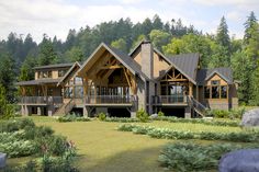 this is an artist's rendering of a large house in the woods with lots of windows