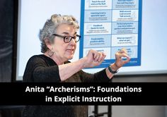 an older woman standing in front of a projector screen with the words, anta archensis foundationss in explicit instruction