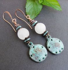 Beach Inspired Boho Earrings Copper Patina Sand Dollar Charm Rustic Turquoise Jewelry For The Beach, Vintage Nickel-free Earrings For Beach, Unique Jewelry Gifts, Copper Patina, White Jade, Sand Dollar, Beach Inspired, Jade Stone, Asheville Nc