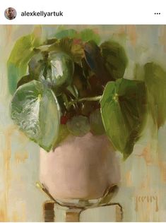 a painting of a potted plant with green leaves in it's pink vase