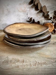 a stack of four plates sitting on top of a wooden table next to a plant