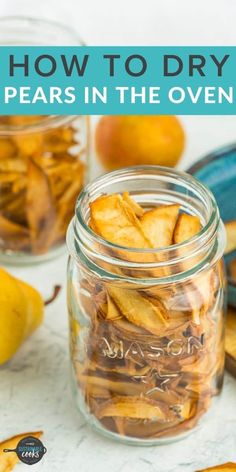 a jar filled with pears in the oven next to some bananas and other fruit