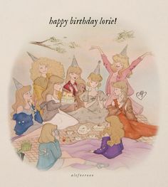 a group of women sitting around a birthday cake on top of a white sheet with the words happy birthday lorie