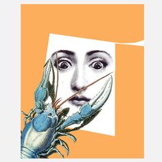 a drawing of a woman's face with a lobster in front of her