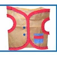 a brown paper bag with red and blue trimmings on the side, in front of a white background