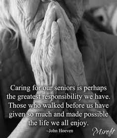 an old woman holding her hands to her face with the quote caring for our seniors is perhaps