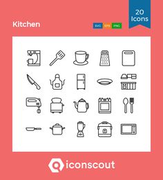 the kitchen icon set is shown in black and white