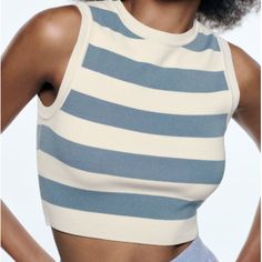 New With Tags! Zara Cropped Knit Top - Blue & White Striped - Size Large (But Fits More Like A Medium) Cropped Knit Top, Yoga Crop Tops, Sleeveless Knit Top, Bralette Crop Top, Zara Crop Top, Ribbed Tank Top, Women's Activewear, Round Neck Tops, Ribbed Tank