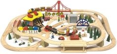 a wooden toy train set with cars and tracks