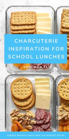 four plastic containers filled with different types of food and the words charcuterie inspiration for school lunches