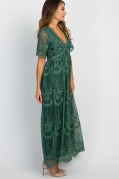 Teal Green Lace Mesh Overlay Maternity Maxi Dress