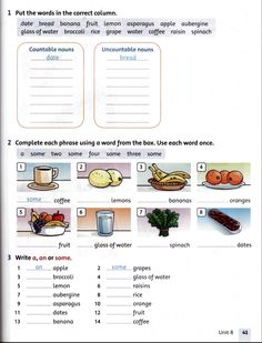 the worksheet is filled with words and pictures to help students understand what food they are