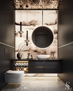 a bathroom with a sink, mirror and toilet in it's centerpieces