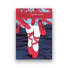 the red shoes poster is displayed on a white background with blue and pink colors in it