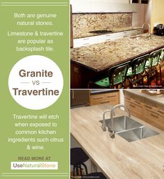 an advertisement for granite vs travertine in the kitchen and dining room area