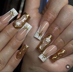 White French Tip Square Nails, Square Nails Medium Length, White French Tip Square, Gold Swirl Nails, Cleopatra Nails, Starburst Nails, Medium Length Acrylic Nails, French Tip Square Nails, Angelic Nails