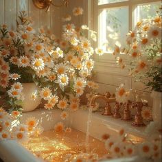 white daisies and yellow flowers in a bathroom sink with water running from the faucet