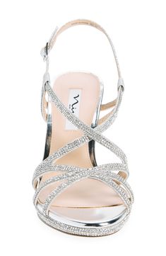 Sparkling rhinestones add eye-catching glamour to a slingback sandal set on a subtle platform and tapered heel. Adjustable slingback strap with buckle closure Synthetic upper and lining/leather sole Imported Rhinestone Sandals Flats, Heels Silver, Fashion Shoes Flats, Silver Sandals, Silver Heels, Open Toe Sandals, Toe Sandals, Slingback Sandal, Mother Of The Groom