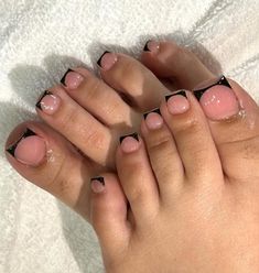 Black French Tip Pedicure Toenails, Short Black French Tip Duck Nails, Thick French Tip Toes, Black French Tip Toes With Design, Gel French Tip Toes, Black French Tip Nails And Toes, Black French Tips Toes, Black French Toe Nails, Hot Pink French Tip Toes