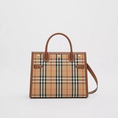 Small Vintage Check Two-handle Title Bag in Archive Beige - Women | Burberry United States Burberry Gifts, Luxury Crossbody, Designer Crossbody Bags, Designer Shoulder Bags, Colored Leather, Burberry Bag, Leather Top, Fashion Handbags, Bowling