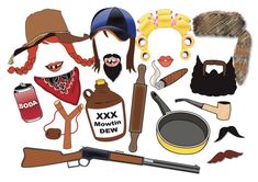 an assortment of props including hats, mustaches and other items