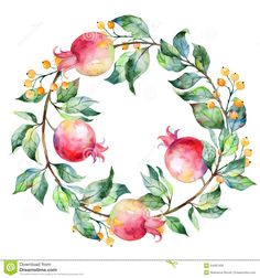 watercolor pomegranate wreath with leaves and berries