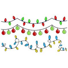 a string of christmas lights hanging from a line on a white background with clippings