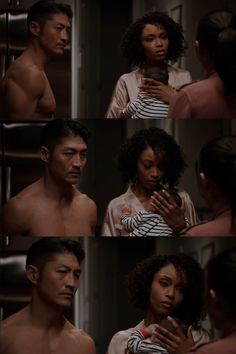 the shirtless man and woman are looking into each other's eyes in this scene