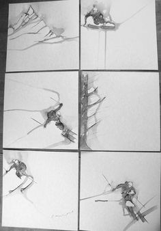 four different pictures of skiers going down a slope in black and white, each with their skis sticking out of the snow