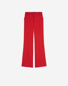 Elegant high-waisted women's trousers in stretch crepe fabric. The leg is characterised by a close-fitting line down to the knee, which widens as it proceeds to the bottom, with French pockets at the hips and a central pleat at both front and back. Zip and covered hook fastening. Fitted Flare Pants With Pressed Crease, Red Full-length Elastane Pants, Full-length Red Elastane Pants, Full Length Red Pants, Chic Red Fitted Wide Leg Pants, Tailored Classic Red Bottoms, Tailored Classic Red Pants, Classic Tailored Red Bottoms, Classic Tailored Red Pants