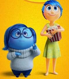 an animated character with blue hair and glasses is holding a popcorn box in front of another character