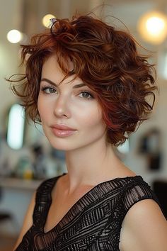 Auburn asymmetrical curly bob hairstyle with playful texture and movement. Stacked Bob Wavy Hair, Auburn Color Hair, Curly Short Bob, Mens Short Curly Hairstyles, Short Curly Bob Hairstyles, Short Curly Hairstyles For Women, Short Wavy Haircuts, Chin Length Haircuts