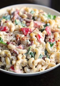 three pictures show different types of macaroni salad