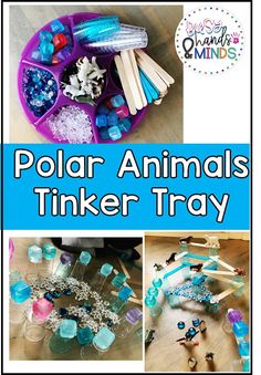 the polar animals tinker tray is filled with ice cubes, beads and toothpicks